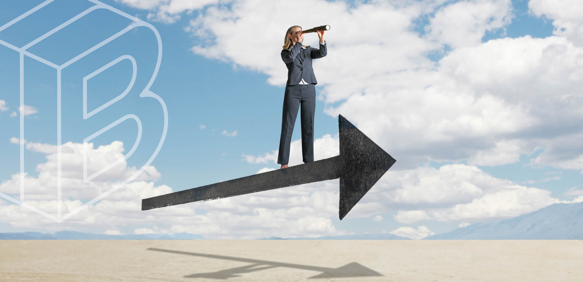 Banner image of a woman with a telescope standing on top of a forward-pointing arrow